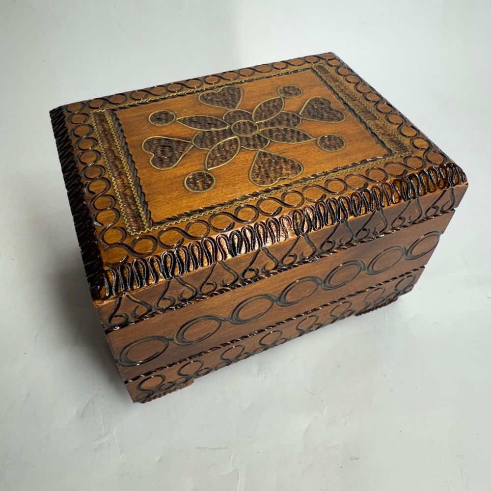 Wooden Carved Jewelry Box Treasure Chest Polish Storage Box, Wood w/ Brass inlay